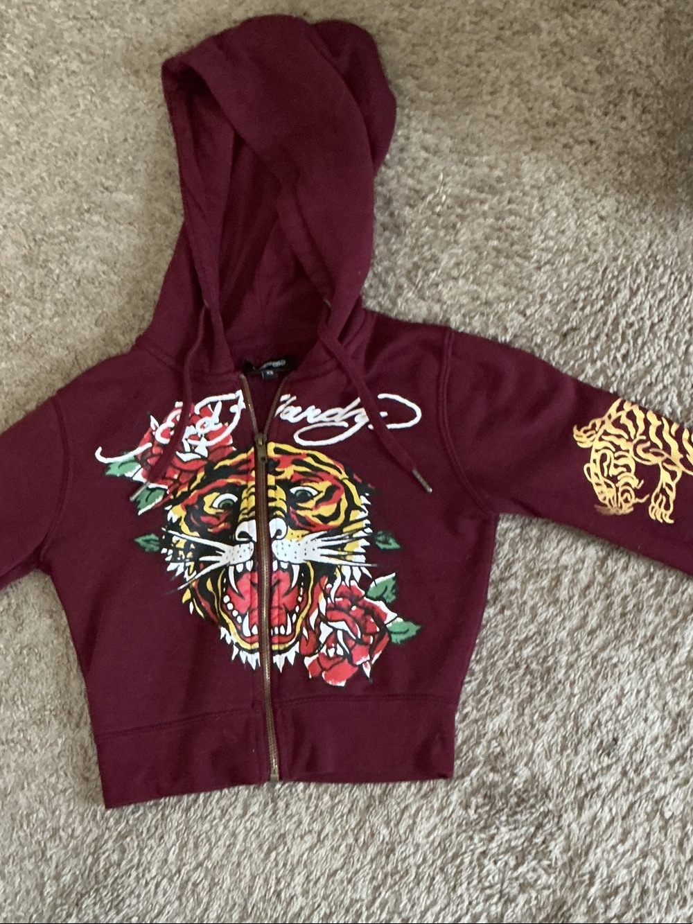 Ed Hardy Burgundy Kids Zip-Up Hoodie with Tiger & Rose Graphic